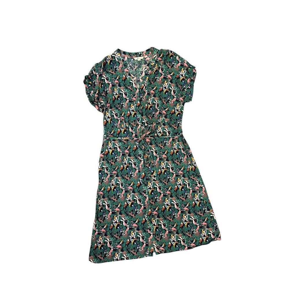 Boden Green Floral Midi Dress with Pink and Yellow Accents